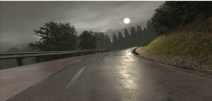 rFpro creates realistic-looking driving scenarios, such as this highly accurate digital model of a wet road