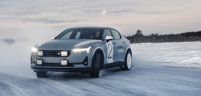 a Polestar 2 car sliding on ice in the Arctic Circle
