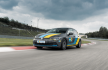A Bilstein-branded Volkswagen cornering on a racetrack
