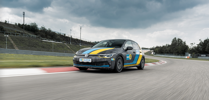 A Bilstein-branded Volkswagen cornering on a racetrack